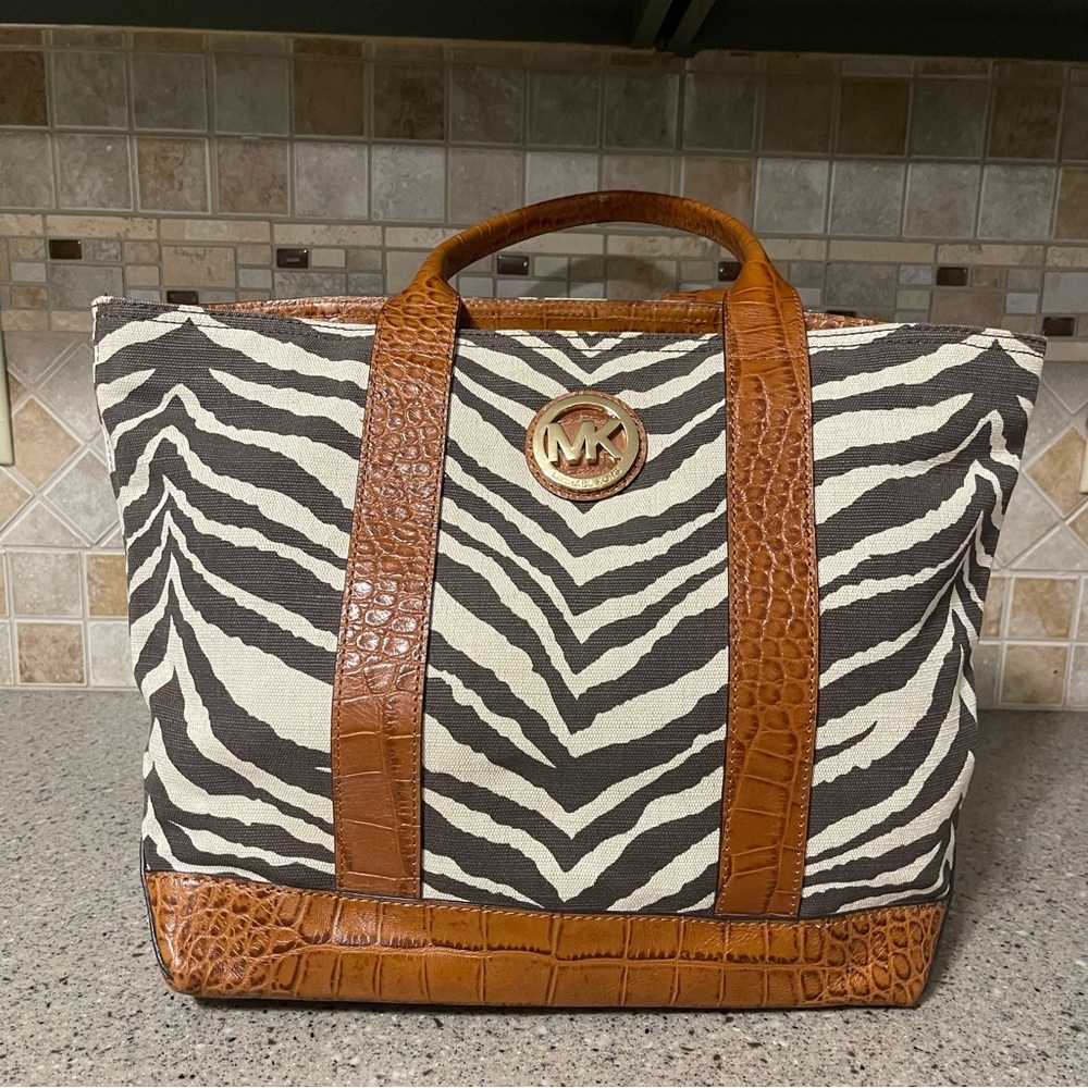 Michael Kors Zebra Print Canvas and Croc Trim Leather Tote Shoulder Handbag - Picture 2 of 16